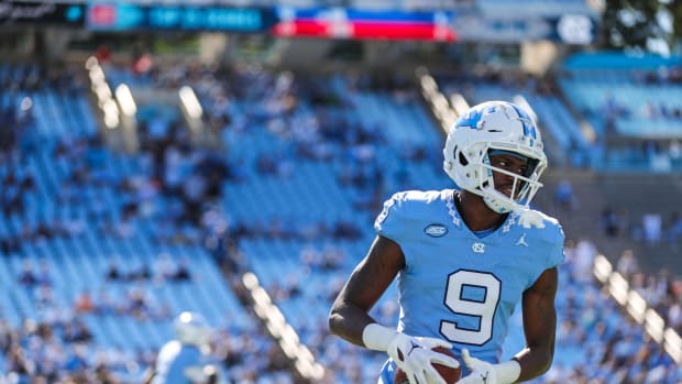 Oct 7, 2023; Chapel Hill, North Carolina, USA; North Carolina Tar Heels wide receiver Devontez Walker (9) warms up before the game against the Syracuse Orange at Kenan Memorial Stadium. Mandatory Credit: Jaylynn Nash-USA TODAY Sports  